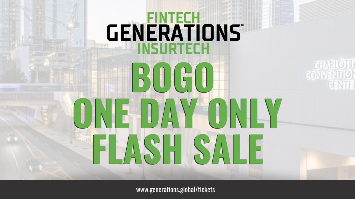 🚨FLASH SALE🚨 Today ONLY we will be offering Buy One Get One Free tickets for our Fintech + Insurtech Generations conference. Join us as we recharge both personally and professionally. Be sure to select BOGO - Ticket at check out for your BOGO tickets. 👉bit.ly/3JLsrvo