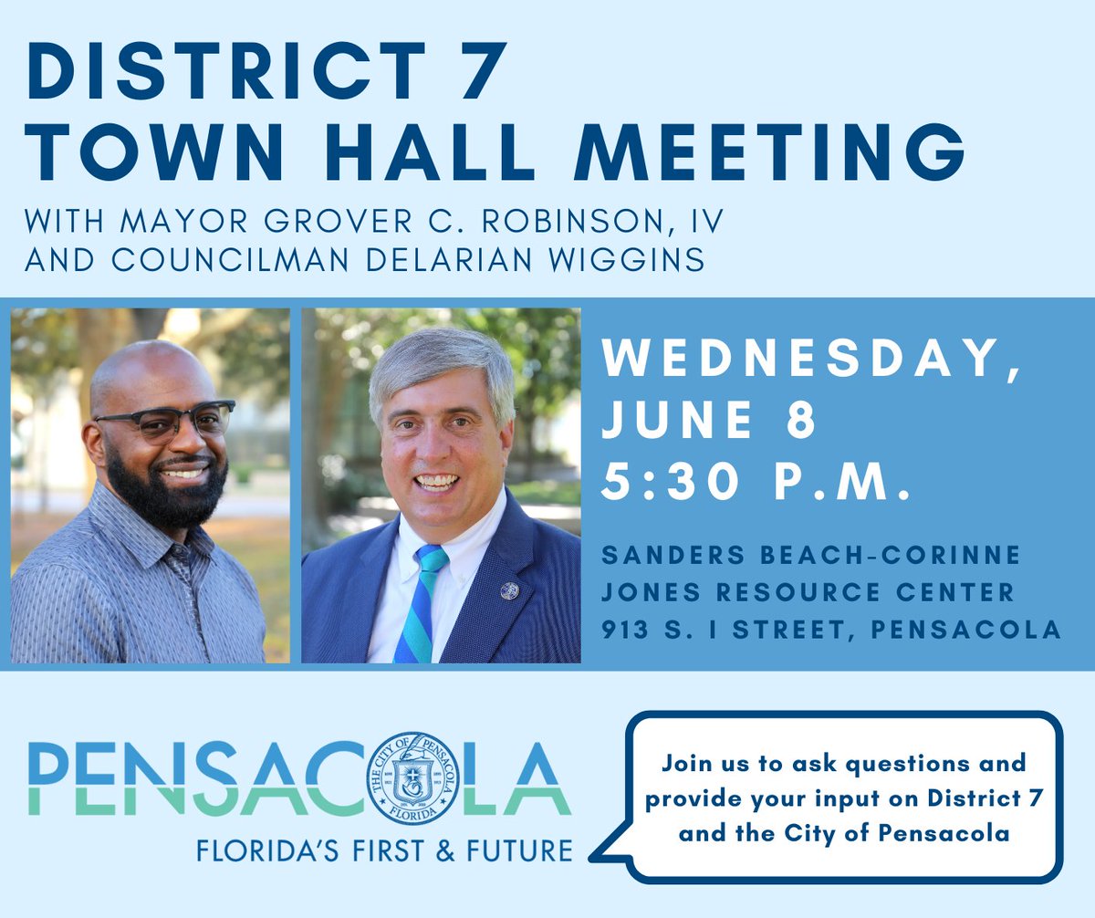 Please join me tomorrow, Wednesday, June 8, for a District 7 Town Hall Meeting tomorrow with Councilman Delarian Wiggins. Come share your thoughts and ask questions about the City of Pensacola! 
Learn more: bit.ly/3MkJ9TK
