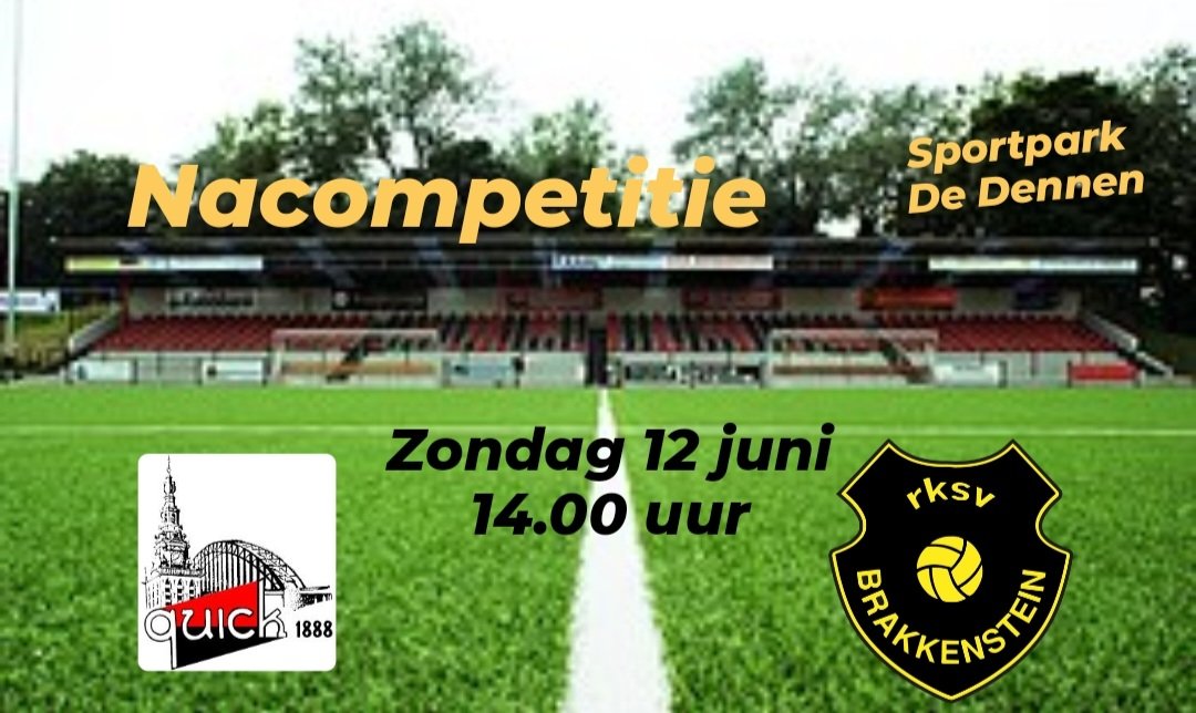 Zondag 12 juni speelt het 1ste de nacompetitie wedstrijd uit tegen <a href="/Quick1888/">Quick 1888</a>.
Kom onze boys met z'n allen aanmoedigen 🟡⚫

Aanvang 14.00 uur op Sportpark De Dennen ⚽⚽

#rksvbrakkenstein #Brakkenstein #voetbalvereniging #Nijmegen #quick1888 #nacompetitie