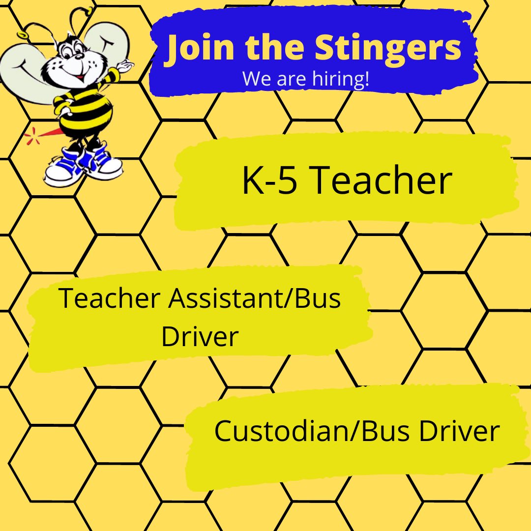 We are looking for a few new Stingers to join our Shive Family. 

K-5 Teacher
rssk12.ted.peopleadmin.com/hire/ViewJob.a…
Teacher Assistant/Bus Driver
rssk12.ted.peopleadmin.com/hire/ViewJob.a…
Custodian/Bus Driver
rssk12.ted.peopleadmin.com/hire/ViewJob.a…