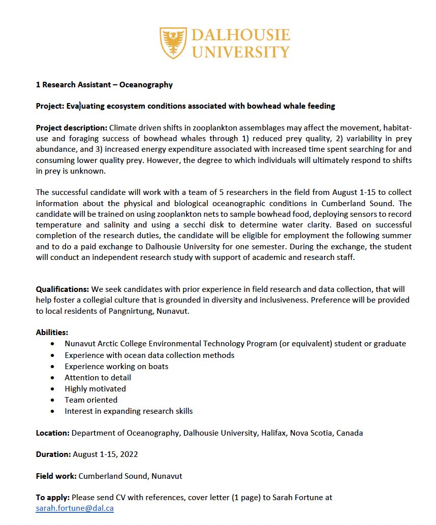 We’re #hiring a northern #research assistant to help with #ocean science in Cumberland Sound, Nunavut this August. Opportunities for future employment and an exchange to #Dalhousie University to conduct an independent research study available! Please RT 🌊🐋