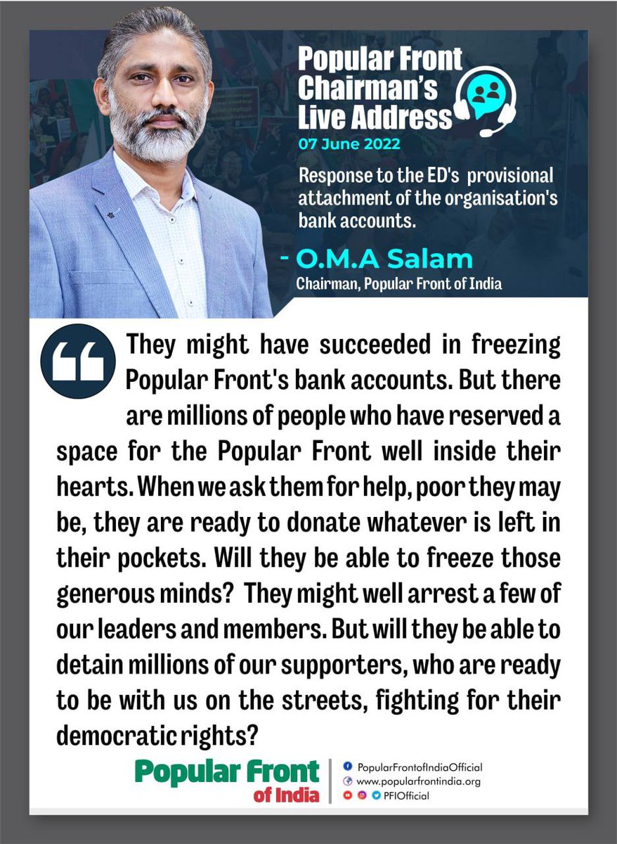 PFIOfficial's tweet photo. Quote from Popular Front of India Chairman O.M.A Salam's message today.
#OMASalam #PopularFrontofIndia #IndiaWithPFI https://t.co/F9exhpgYFM