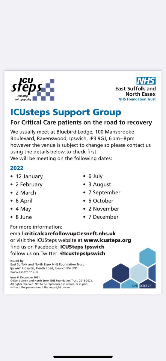 We are so pleased to be able to hold our meeting on Wednesday at Bluebird Lodge. Pop along for a chat with past patients &amp; critical care staff. Please note we will be meeting at 5:30pm