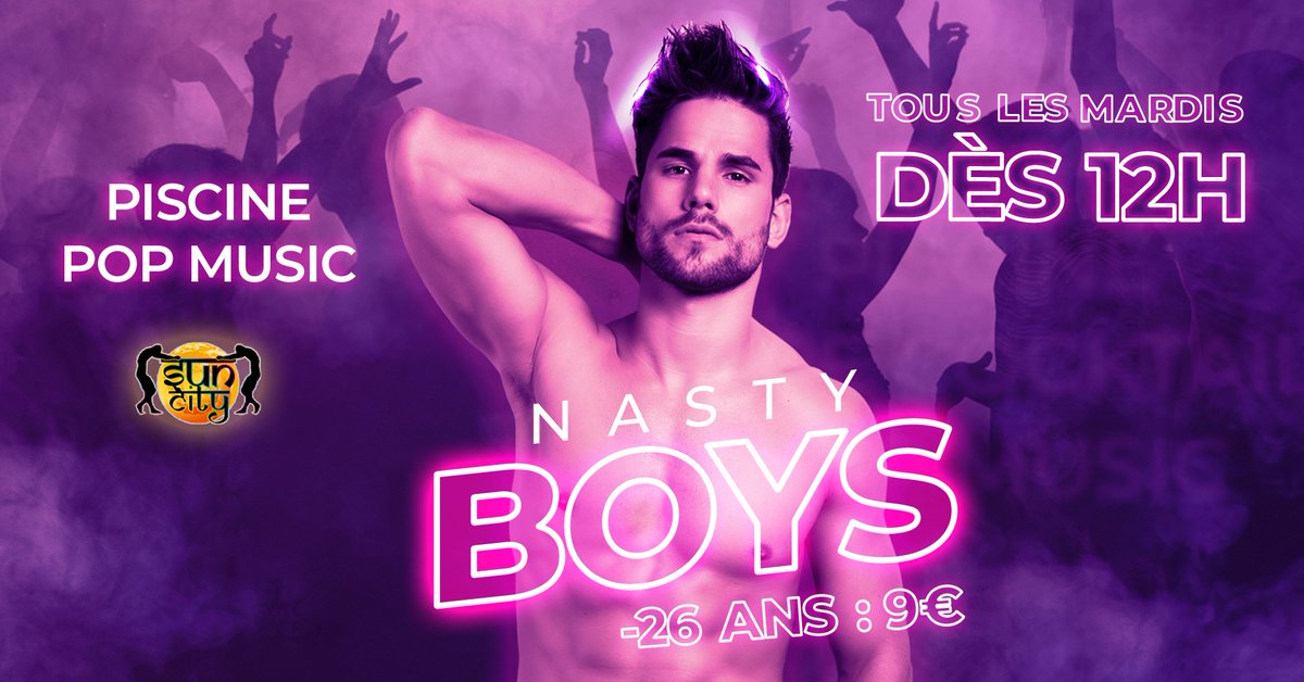 Nos Nasty Boys te donnent rendez-vous au Sun City ce soir jusqu'à 2h ! 😉

🔞 Chaque mardi, au programme 🔞

💦 Piscine et gonflables pour te baigner
🔥 Hamam pour te détendre
😈 Le 1er étage pour t'amuser

💜 En plus, pour les - de 26 ans, l'entrée est à seulement 9€ !