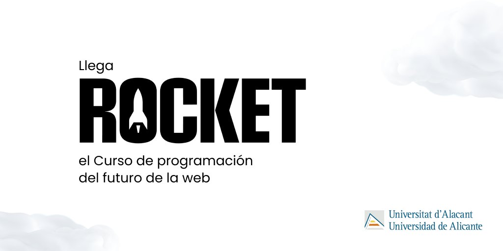 rocket_ua's tweet photo. Os damos la bienvenida al perfil del nuevo Curso de programación del futuro de la web #Rocket de @UA_Universidad  El canal donde encontrarás toda la información: contenido, requisitos de matriculaci��n, becas… ¡Síguenos y no te pierdas nada! https://t.co/RDQ0A7cpfI  Despegamos 🚀 https://t.co/CsLUDr9HrG
