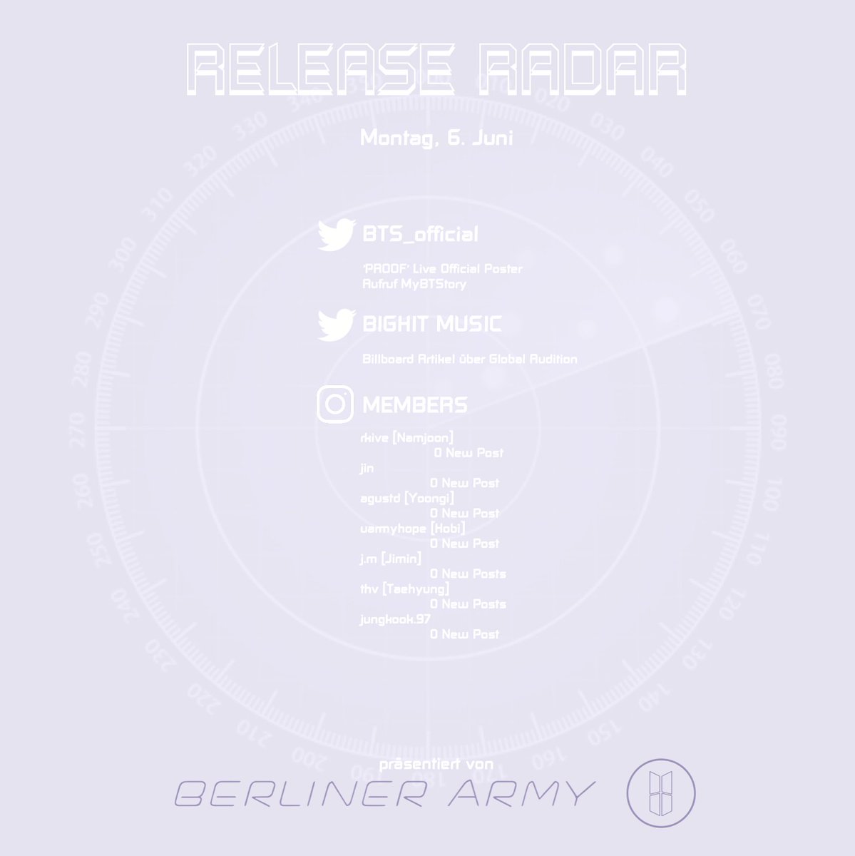 BerlinerArmy's tweet photo. Release Radar vom Montag, 6. Juni

#bts #2022btsfesta #btsarmy #kpop #BTS #BTS_Proof #BTS9thAnniversary #BTSCOMEBACK2022 @BTS_twt https://t.co/H4BFnJj5FQ