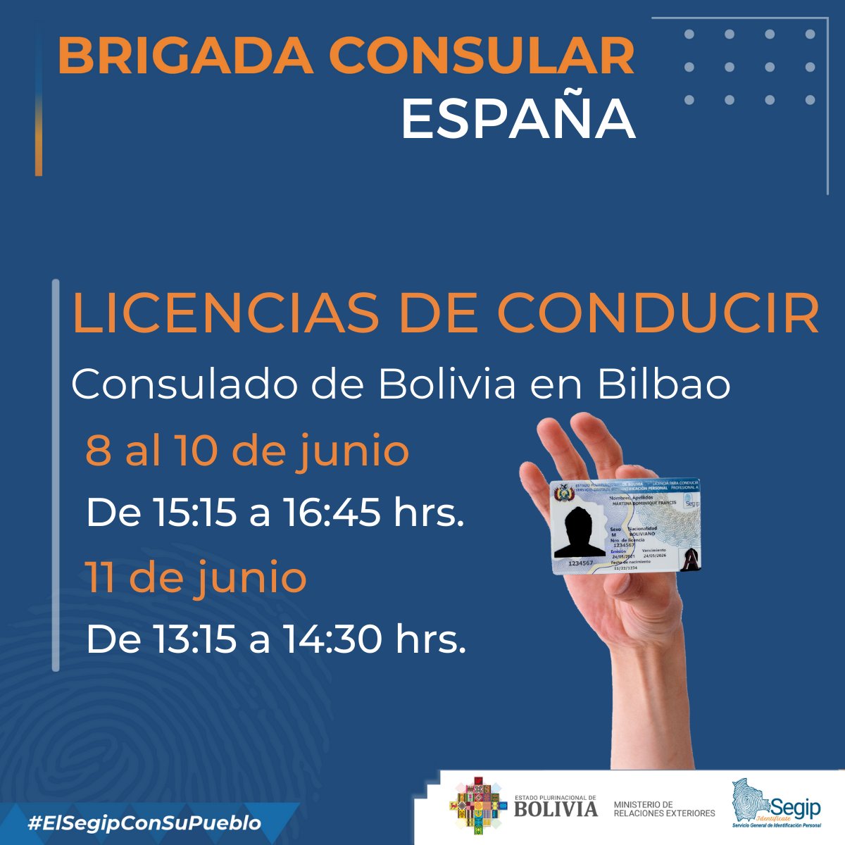OficialSegip's tweet photo. Comunicamos la atención de nuestra #BrigadaConsular en el Consulado de Bolivia en Bilbao - España.
Conoce los requisitos para tus trámites:
✅Cédulas de Identidad https://t.co/ruqT9nPga9
✅Licencias de Conducir https://t.co/FHLjfhjTDX
Agenda tu cita en:
https://t.co/gKcxLX71s3 https://t.co/hXdwqBDUXd