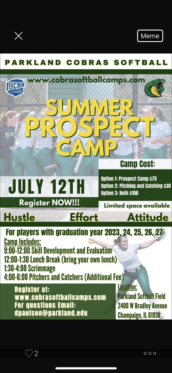 Wanna learn more about softball and have fun while doing it? Sign up for the Parkland Cobras Softball camp and you won’t forget it. Roll Cobras🐍💛<a href="/CobrasParkland/">ParklandCobrasSoftball</a> <a href="/04_house/">Smash House 04 Premier</a> <a href="/MCAcesSoftball/">MC LadyAces Softball</a>