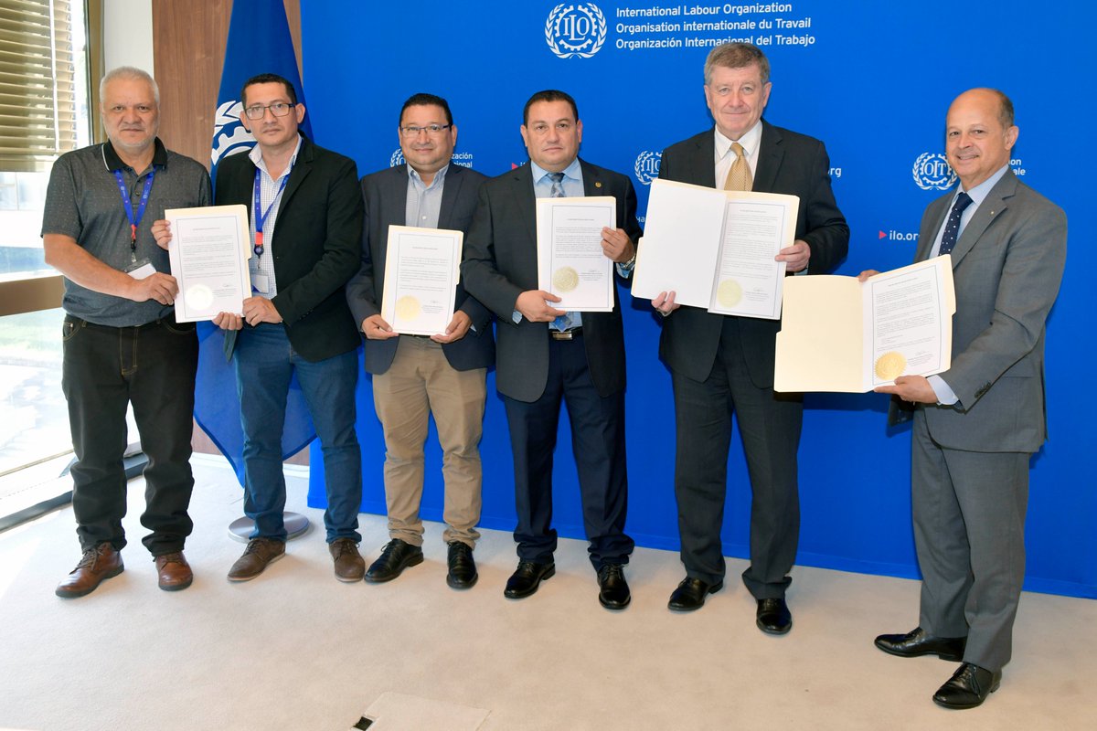 GuyRyder's tweet photo. Very pleased that El Salvador has ratified five @ILO Conventions at #ILC2022.
Convention 102 on Social Security; 148 on the Working Environment; 154 on Collective Bargaining; 183 on Maternity Protection; and 190 on Violence and Harassment.
All are key to a #betterfutureofwork. https://t.co/3Ahf2PI7Sm