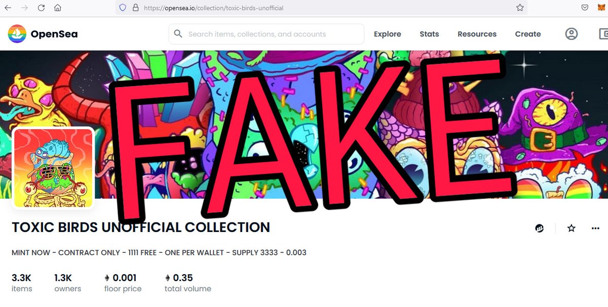 ToxicMoonbirds's tweet photo. 🚨Our collection was STOLLEN by SCAMMERS and sold out!🚨

We have already submitted an application to OpenSea support and the collection will be deleted soon!

Please stay calm!I have asked you a million times to follow only the news on our official socials! https://t.co/VbMHFwWs5x