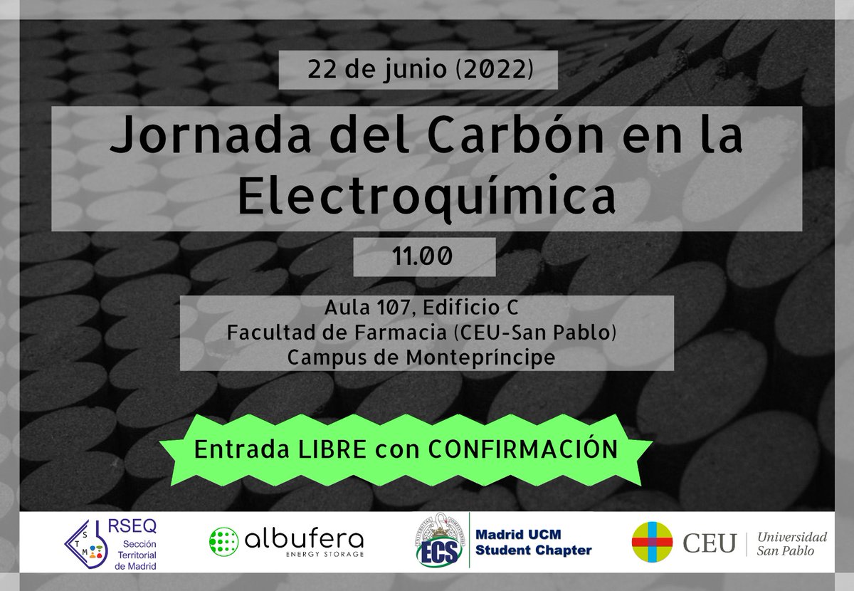 ucm_ecs_chapter's tweet image. No te pierdas esta jornada del carbón en la electroquímica!! 

🗓️ 22/06/22
🕓 11:00 - 12:30 h
📍CEU San Pablo, Farmacia
🎙️Dr. Joaquín Chacón

Regístrate confirmando en albuferaes@gmail.com o rellenando el formulario 🔻
forms.office.com/r/2jzwNGuNEW

@AlbuferaES @USPCEU @RSEQ_STMadrid