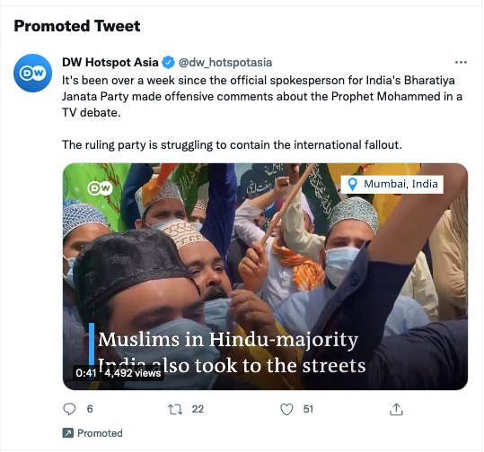 It’s very shameful  @dw_hotspotasia

DW is funded by the German government and you are promoting anti-India hatred on Twitter by running an Ad. 

@eoiberlin @AmbLindnerIndia @MEAIndia @ARanganathan72 @republic