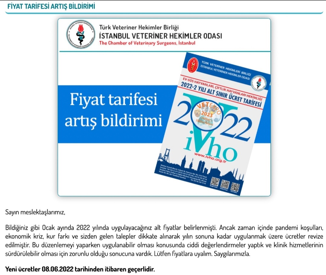 Ivho Yönetim Kurulu’nun belirlediği fiyat artışlarına istinaden, hizmet tarifemizi güncelleme zorunluluğu doğmuştur. Hizmet tarifemizdeki fiyat artışlarının 08.06.2022 tarihi itibariyle geçerli olacağını üzülerek bilgilerinize sunarız.
