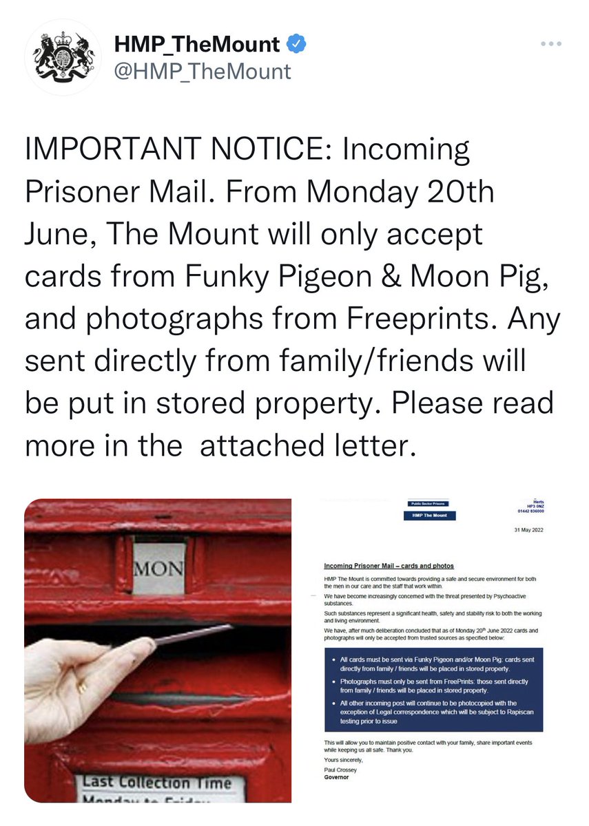 One of the largest U.K. donors to the Tory party is the owner of Moon Pig . When we say prison industrial complex this is what we mean. There is no sensible reason that hand written cards can’t be mailed to prisoners. An absolute scam.