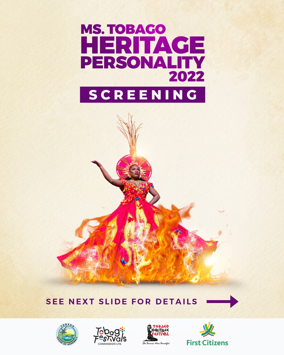TobagoFestivals's tweet photo. IT'S TIME FOR THE MS. TOBAGO HERITAGE PERSONALITY 2022 call for participants. 

For further info, please contact 639-4441 /tobagofestivals@gmail.com.

@WePutYouFirst 

#mstobagosheritagepersonality #tobagofestivals #tobagoheritagefestival #tobagofestivalsnetwork #HeritageSzn https://t.co/2cql8ar2ZJ
