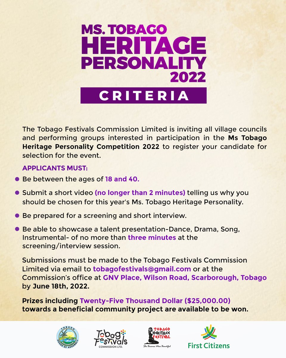 TobagoFestivals's tweet photo. IT'S TIME FOR THE MS. TOBAGO HERITAGE PERSONALITY 2022 call for participants. 

For further info, please contact 639-4441 /tobagofestivals@gmail.com.

@WePutYouFirst 

#mstobagosheritagepersonality #tobagofestivals #tobagoheritagefestival #tobagofestivalsnetwork #HeritageSzn https://t.co/2cql8ar2ZJ