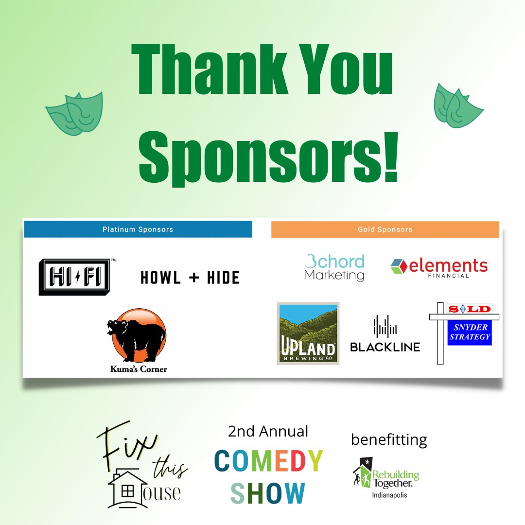 RTIndy's tweet photo. Thank You 2nd Annual #FixThisHouse Comedy Show Sponsors!
Platinum Sponsors: @thehifiindy Howl+Hide @kumasindy
Gold Sponsors: @HollyBolton @BLKLNStudio @elementsCU @snyder_strategy @UplandBrewCo
Tickets are still available: https://t.co/AGguqcKoTO https://t.co/zBKk5DF6UJ