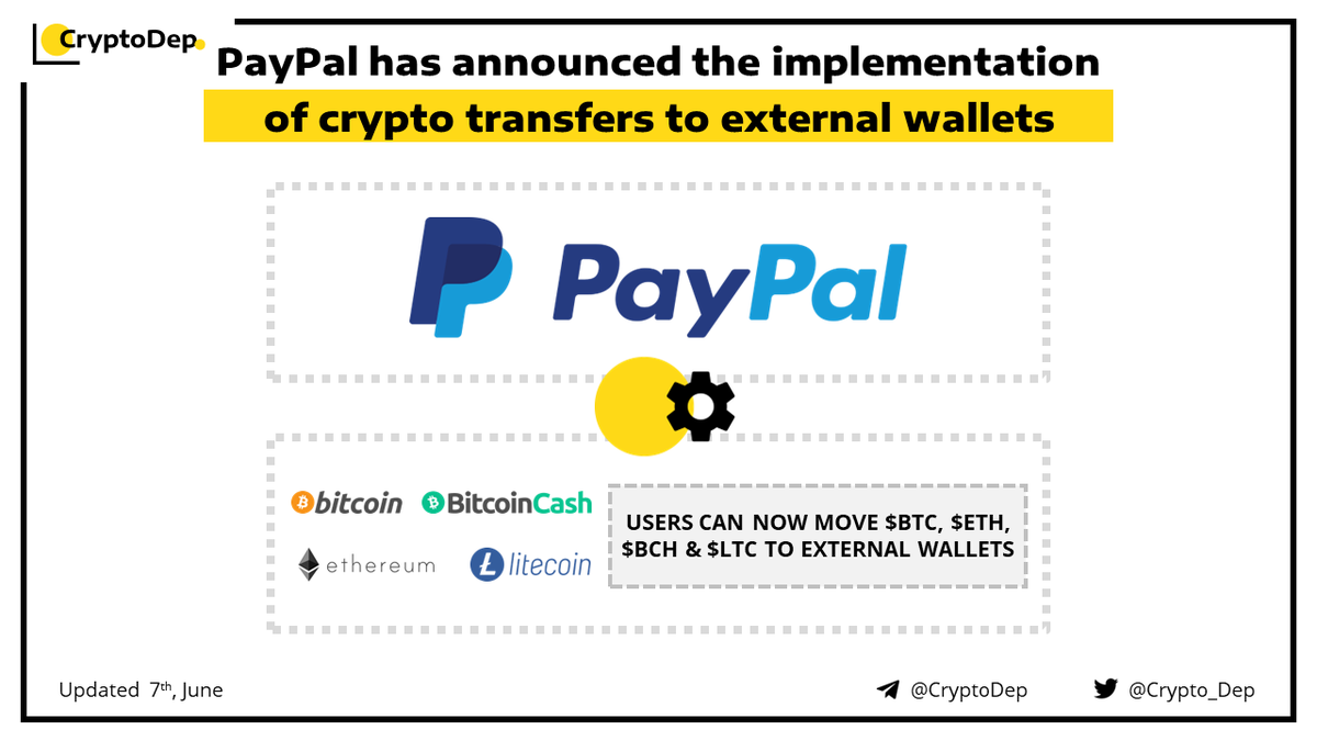 Crypto_Dep's tweet photo. ⚡️ @PayPal has announced the implementation of crypto transfers to external wallets

#PayPal has implemented the ability to move #Bitcoin, #Ethereum, #BitcoinCash and #Litecoin from PayPal’s crypto platform to external wallets. 

👉https://t.co/WQnCrqLMHm https://t.co/ZqisftltKj