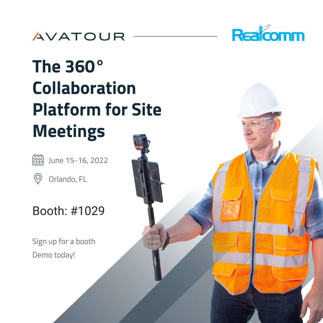 Avatour360's tweet photo. Announcement: the Avatour team will be heading to the Real Comm 2022 event to showcase our live 360° remote collaboration platform. 

Sign up for a personal booth demo of our technology here --> https://t.co/xluLLPVZD4

#realcomm2022 #realestate #VRtours https://t.co/jMSkOWslWK