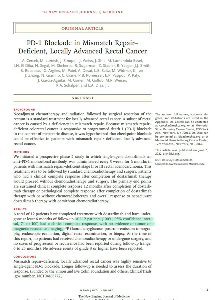 DrMidhuncs's tweet photo. First time in the history of cancer treatment, a drug has given complete remission in all patients.

Dostarlimab, anti PD-1 monoclonal antibody has cured locally advanced rectal cancer in all the patients in the trial.

Indeed a breakthrough! 😇

https://t.co/2rSIYLAnO6 https://t.co/Ch2oYHBUTC