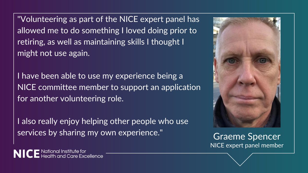 NICEGetInvolved's tweet photo. Graeme from the #NICEExpertPanel talks to us about what volunteering in his retirement has meant for him, and what the benefits of working with NICE as a patient and public contributor. 

Thanks Graeme - you're fantastic! #VolunteersWeek https://t.co/nuAOlw3399