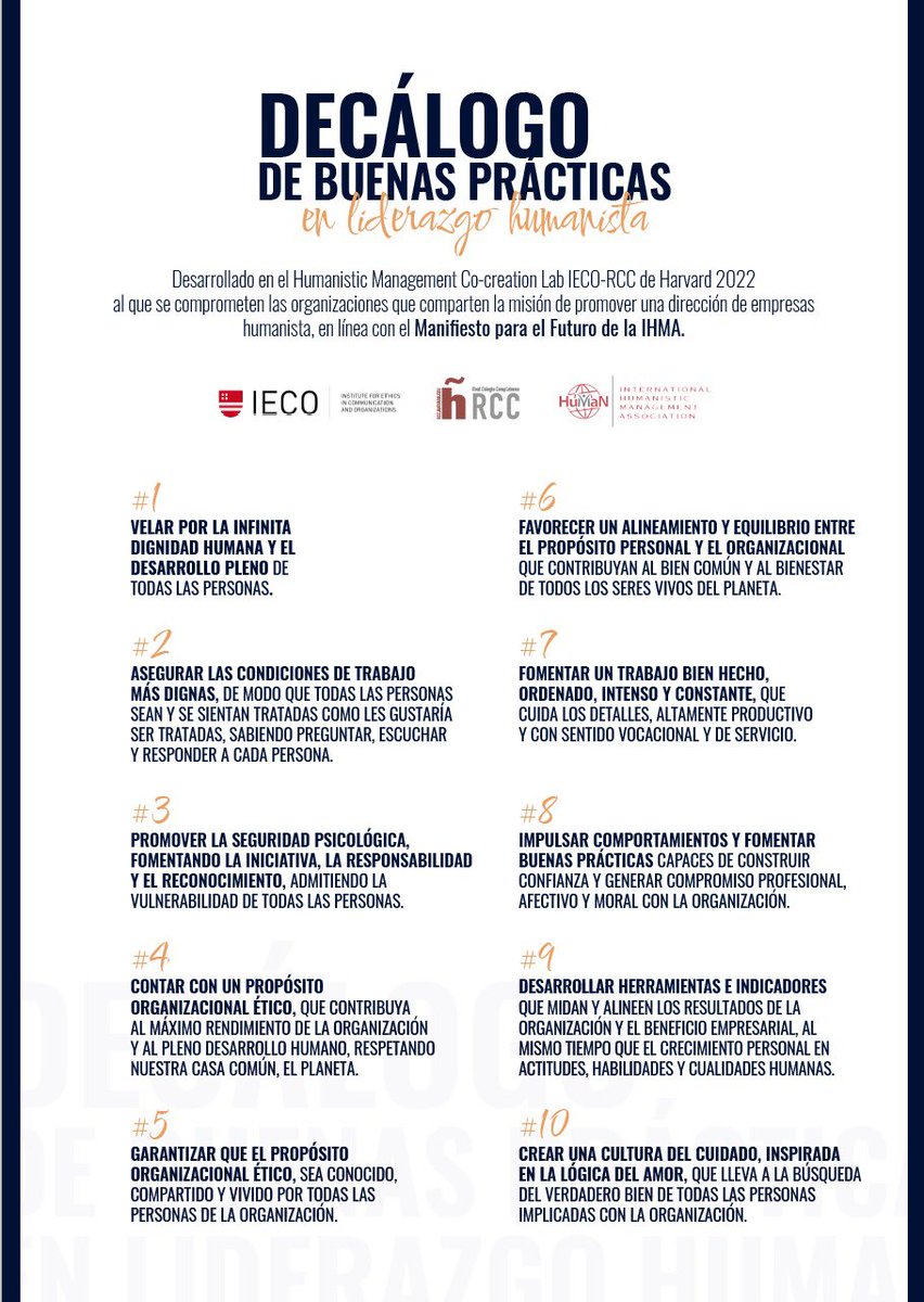 ¿Qué hacen las empresas humanistas? Del taller de trabajo en el que participé en <a href="/Harvard/">Harvard University</a> junto con empresarios, definimos el decálogo de las mejores prácticas de las empresas humanistas. Ojalá las organizaciones y sus líderes se unan a este movimiento. Visitar: <a href="/IecoInstitute/">Instituto IECO</a>
