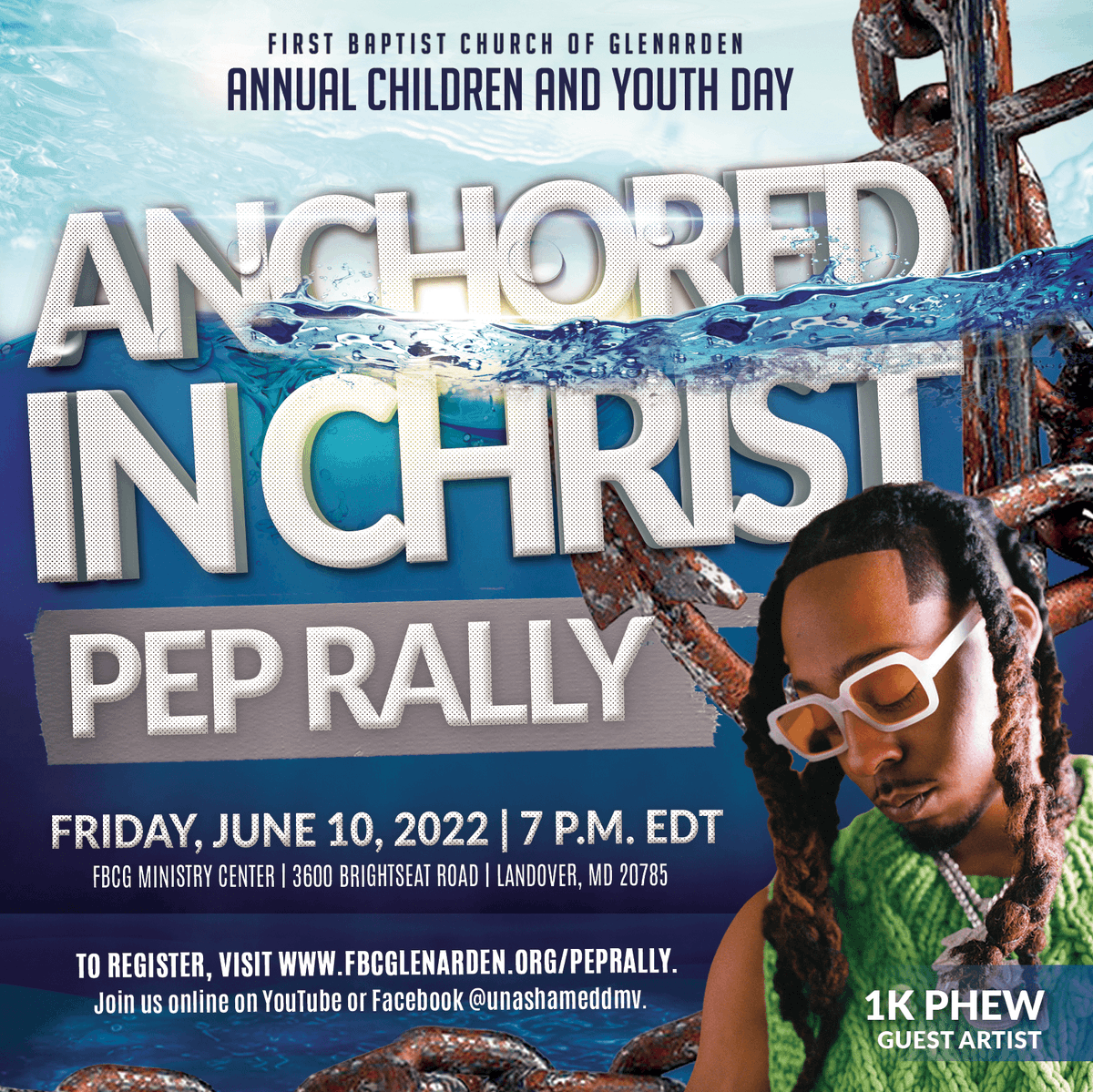 FBCG's tweet photo. Calling all children and youth! Join us on June 10 for our Annual Children and Youth Day Pep Rally with guest artist 1K Phew! To register, visit https://t.co/dyzD7RSyE8. If you can't make it in person, join us online on YouTube or Facebook @unashameddmv. #FBCGLive https://t.co/6gdYI4Kq6Y