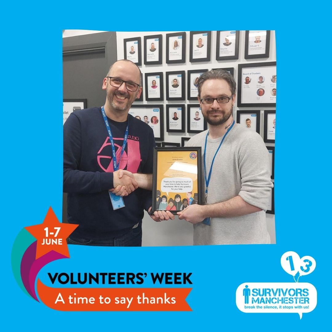 A fantastic end to Volunteers Week 2022!!! Our CEO Duncan presenting Survivors Manchester volunteer Jamie with certificate of recognition for his contribution in volunteering. Jamie has completed over 140 hours volunteering assisting at 50 Drop-In sessions. 
#volunteersweek2022