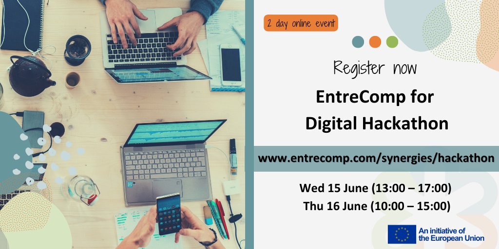 Register to join the #EntreCompforDigital Hackathon and discover how to connect entrepreneurial learning to digital themes 
📆 15 June (13:00-17:00) and 16 June (10:00-15:00) 
ℹ More details bit.ly/39Wn2Wm 
📝 Registration bit.ly/3Nw7ZRr