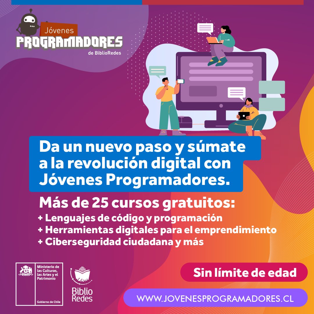#BibliotecaInforma/ Ministerio de las Culturas abre convocatoria para más de 25 cursos de programación y ciencias de la computación. ¿Cómo participar? 
Los interesados deben completar la ficha de inscripción en jovenesprogramadores.cl
