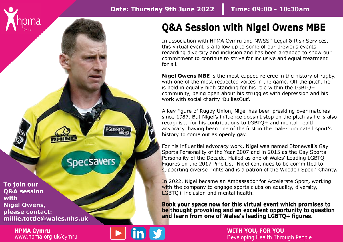 HPMACymru's tweet photo. Our Q&amp;A session with Welsh legend @Nigelrefowens is this Thursday. Sign up now (details below) for this exciting event. We look forward to seeing you there! @nataliemillss @claire_whiles @HywelDaniel @ruth__1975 https://t.co/ATfiaGM0bC