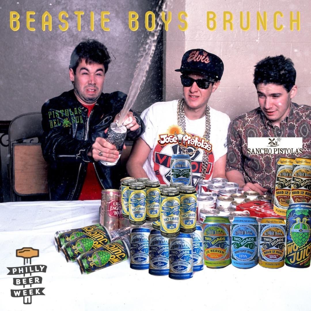 This Saturday … All Three #Pistolas locations … #BeastieBoys Brunch w Team <a href="/2RoadsBrewing/">Two Roads Brewing</a>!!! #threemcs #threepistolas #tworoads #PhillyBeerWeek2022