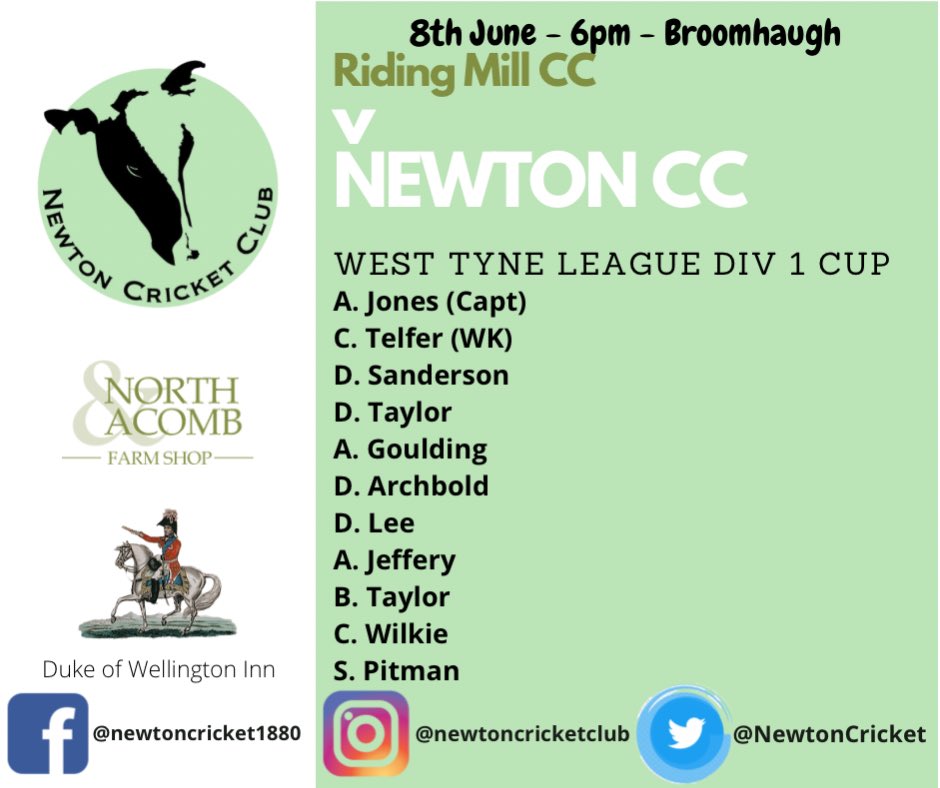 NewtonCricket's tweet photo. Our line up for tomorrow’s first round cup to vs @Ridingmillcc with the winners of the tie going on to travel to Benwell Hill in the second round. Go well lads! #upthecows 🐮🏏🐮🏏 https://t.co/aXOxlBKXVG