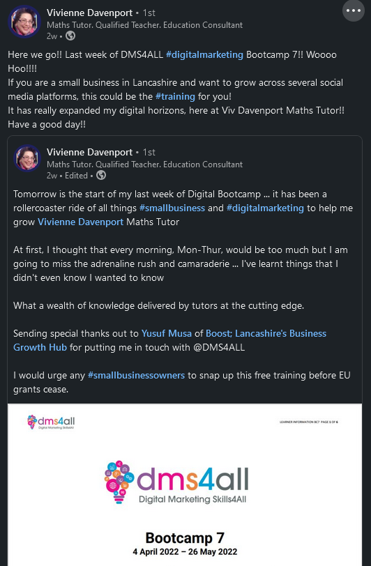 It's always good to get some great feedback from bootcamp graduates. Thanks Viv! 😀
#digitalmarketing #digitalmarketingskills #northwest #smallbusiness #training