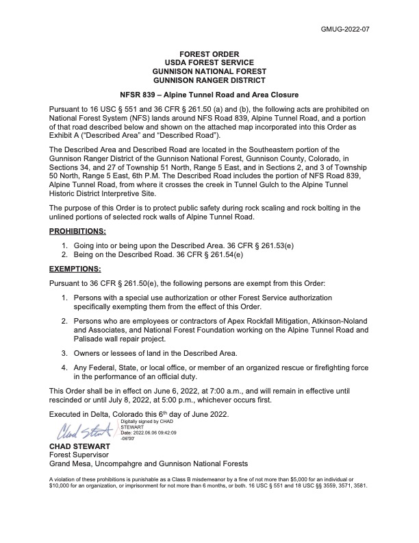 GMUG_NF's tweet image. Please be aware, if you're visiting the Alpine Tunnel area on the Gunnison Ranger District, the area in red is closed to protect public safety during rock scaling and rock bolting in the unlined portions of selected rock walls of Alpine Tunnel Road from June 6 - July 8.