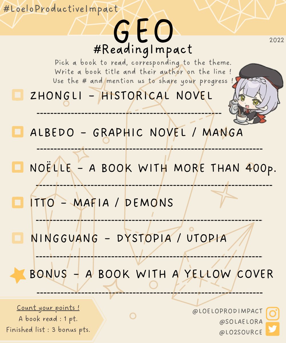 loeloprodimpact's tweet photo. ⭐️ READING IMPACT ⭐️
We made Reading Lists linked to #GenshinImpact’s characters ! ✨
- One character, a list, or the full challenge ; do as you want ! Have fun !
- Use # and mention us to share your progress ! 💫
#ReadingImpact #Loeloproductiveimpact
↓ (eng. vers. | 1/2) ↓ https://t.co/F6ToZXHBQh