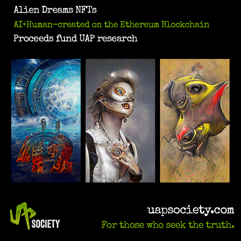 BasementHangout's tweet photo. If you want #UFO #UAP truth, you can do something. Mint an Alien Dreams #NFT by @UAPSociety, going to public mint Monday 13 June. Proceeds fund UAP research while you get an awesome AI+human-crafted NFT. More info at https://t.co/cJRuDjJsJY, including pre-public whitelist. https://t.co/NoeSchN5h4