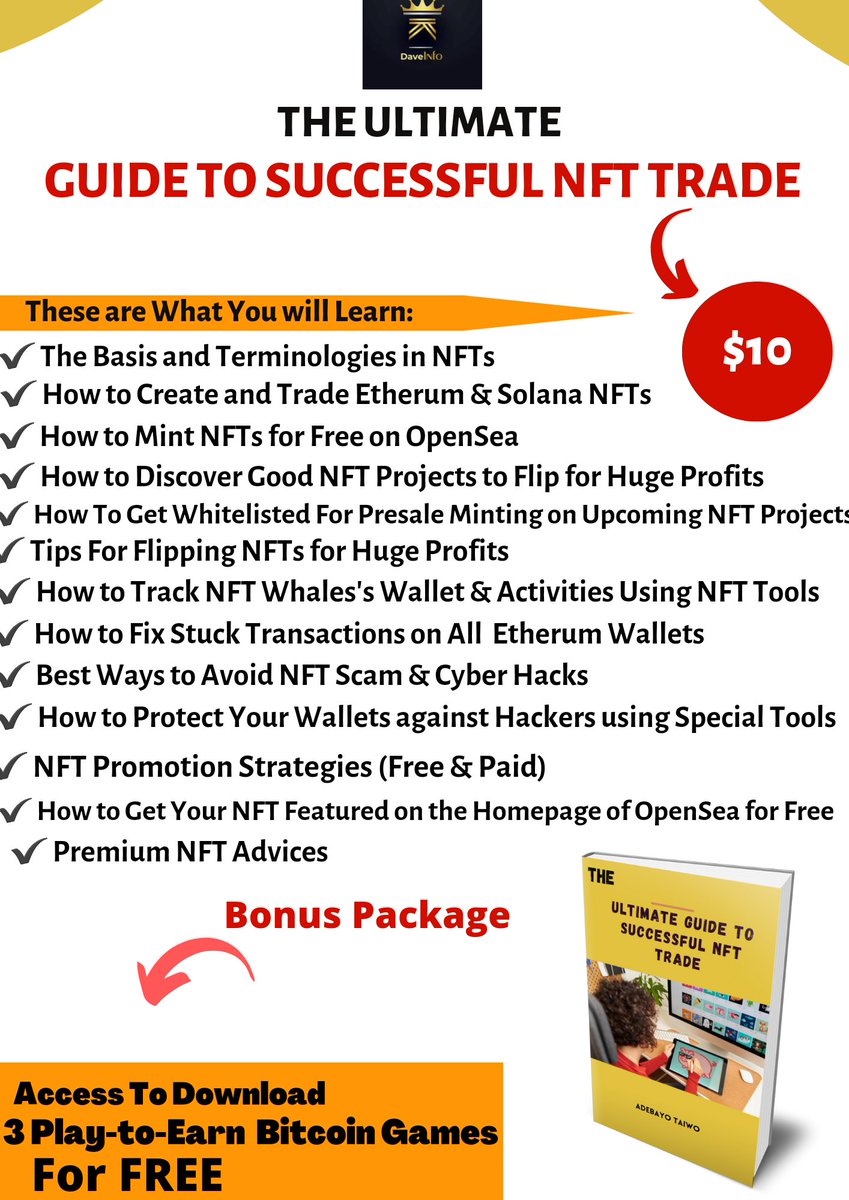 TaiwoAdebay1's tweet image. This course will turn you into a Professional NFT Trader. Get it only for $10 here👉:  selar.co/j65l

#OpenSeaNFT nftnewbies #nfttutorial #nftartists #nftstories #NFTGiveaways #nftwhales #nftcollectors #NFTCommumity #opensea #nftinvestment #nftwebsites #nftcryptos #NFT