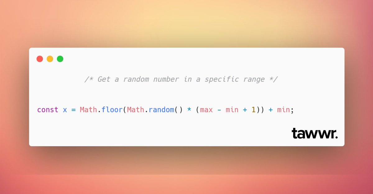 joinTawwr's tweet photo. ⚠️ JavaScript Tip

Simple way to get a random number in a specific range

#daily_tips #tawwr_tips #tawwr_coding_school #javascript #tips_everyday https://t.co/8JFjq7W8ph