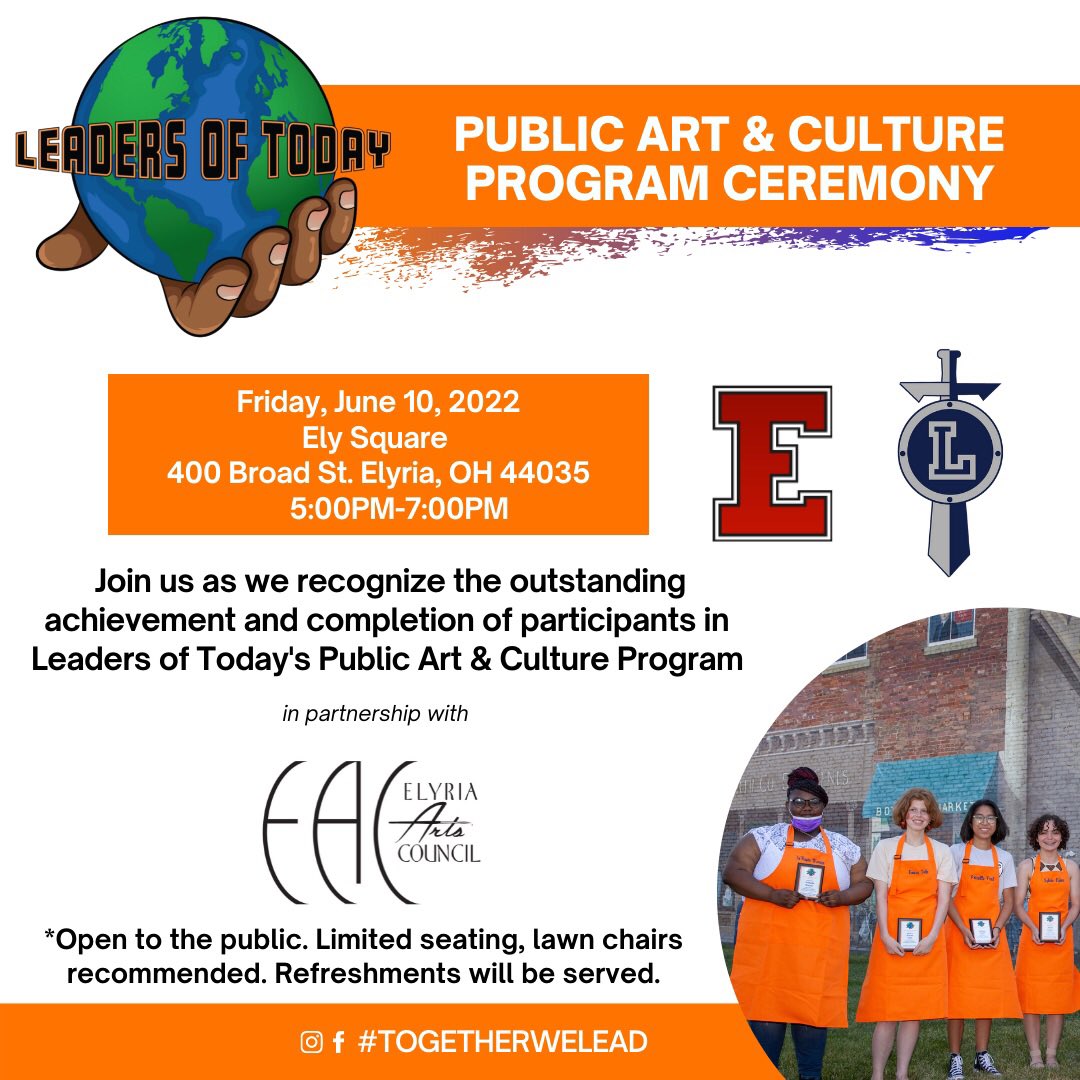 lotloraincounty's tweet photo. Public Art &amp; Culture Program participants will be honored Friday, June 10th, 5-7PM in Ely Square (Downtown Elyria). We will recognize the achievements of each artist, unveil their artwork, and include reflections from artist mentors. Come celebrate with us! 🎨 #TogetherWeLead https://t.co/VcupbVlOHy