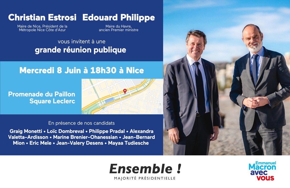 cestrosi's tweet photo. Demain à 18h30, retrouvons-nous sur la Promenade du Paillon (Square Leclerc) à #Nice06 pour une réunion publique avec @EPhilippe_LH, en soutien aux candidats de la #MajoritePresidentielle aux #legislatives2022 dans les Alpes-Maritimes. https://t.co/1lplXXbJNS