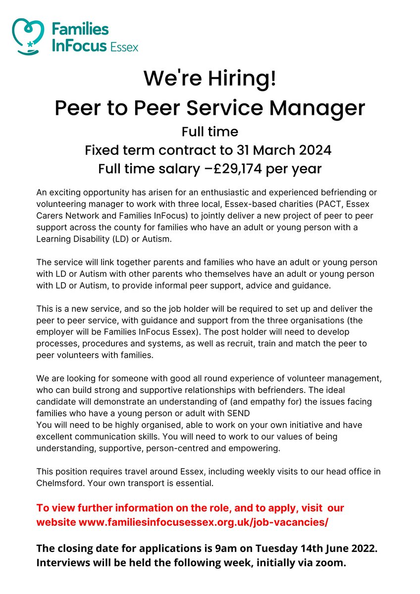 We're hiring for an exciting new post! See flyer for further details. If you would like to speak to someone about this role, please contact Kirsty Cornell on 01245 353 575 or via kirsty@fifessex.org.uk.  Application forms can be found via our website familiesinfocusessex.org.uk