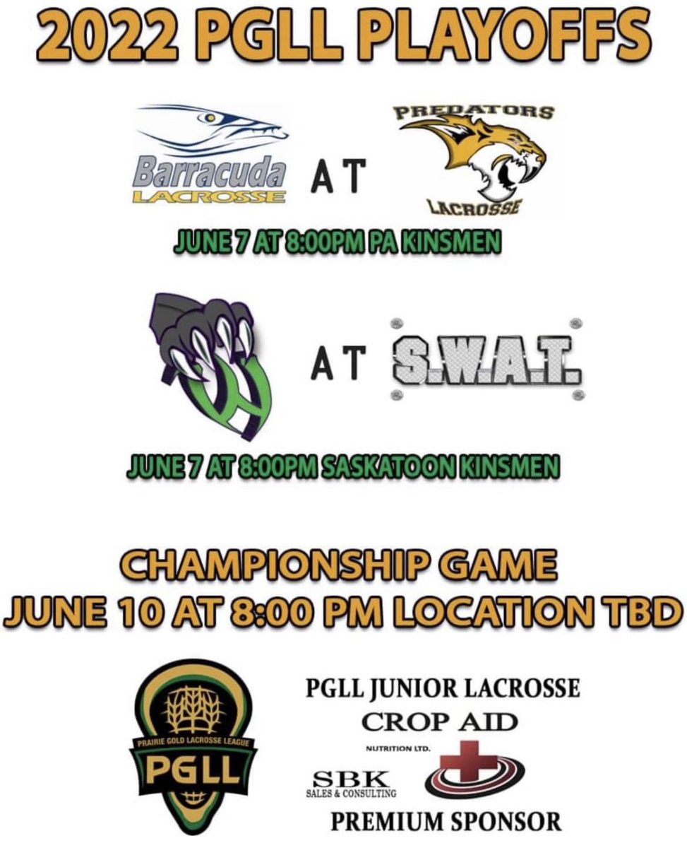 SaskSWAT's tweet photo. It’s PLAYOFF TIME🥍 Cheer on the JrB boys as they take on the Swift Current Wolverines, tonight 8pm! Pack the barn people! Pack. The. Barn! #fastestgameontwofeet #makesomenoise #fansinthestands @StoonBoxLAX @LAXRANDY @PGLLeague @SaskLacrosse @CLLlacrosse https://t.co/dTbwyHmtZO