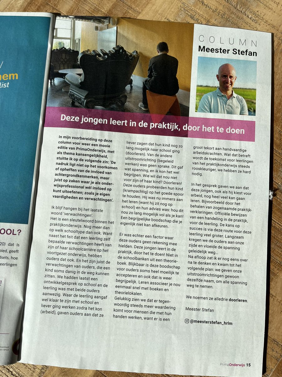 “Doorleren, wie wil dat nou niet?” 
#kansengelijkheid nieuwste column voor <a href="/PrimaOnderwijs/">PrimaOnderwijs</a> #praktijkonderwijs <a href="/DeSchakelPro/">Praktijkcollege De Schakel</a> 
#Haarlem <a href="/Haarlemupdates/">Haarlem updates</a> @HaarlemEffect <a href="/sectorraadPRO/">Sectorraad Praktijkonderwijs</a>