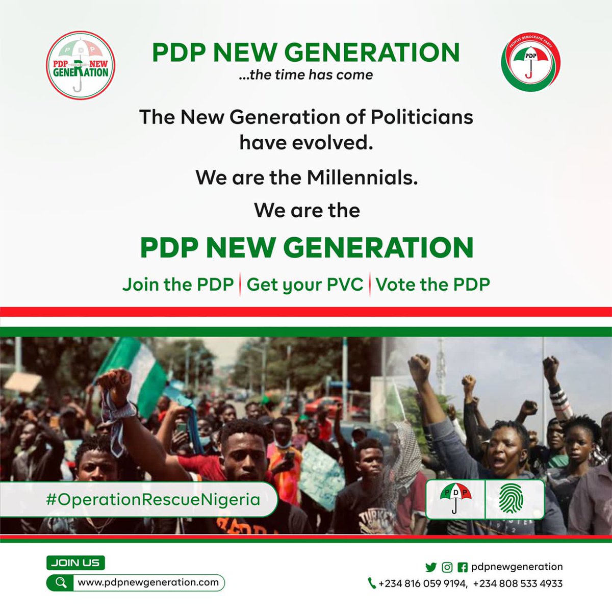 DareGlintstone's tweet image. A New Generation of Politicians have evolved.

We are the Millennials.

We are the PDP NEW GENERATION.

Register to join us 👇🏻
pdpnewgeneration.com/become-a-memeb…

#OperationRescueNigeria
#JoinPDP #GetPVC #VotePDP
