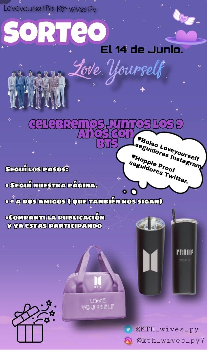 BTS_LYS_PY7's tweet photo. "Armyyy se viene el sorteo " ♡Loveyourself ♡

#BTS9thAnniversary
Queremos homenajear los 9 años de trayectoria nuestros reyes #BTS 
Tenemos 2 obsequioS 
•Bolso Loveyourself: Instagram 📸

•Hoppie Proof: Twitter 🐦
Seguinos en ambas redes y poder participar de ambos premios 🎁 https://t.co/4dw7NPWyjH