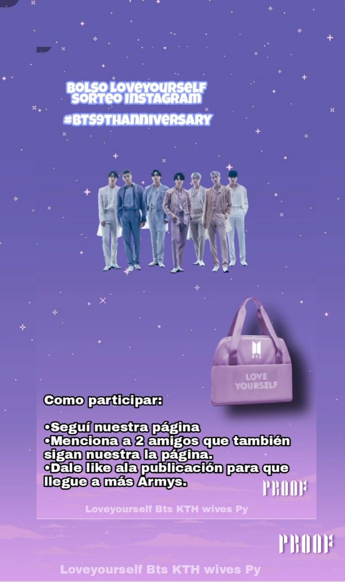 BTS_LYS_PY7's tweet photo. "Armyyy se viene el sorteo " ♡Loveyourself ♡

#BTS9thAnniversary
Queremos homenajear los 9 años de trayectoria nuestros reyes #BTS 
Tenemos 2 obsequioS 
•Bolso Loveyourself: Instagram 📸

•Hoppie Proof: Twitter 🐦
Seguinos en ambas redes y poder participar de ambos premios 🎁 https://t.co/4dw7NPWyjH