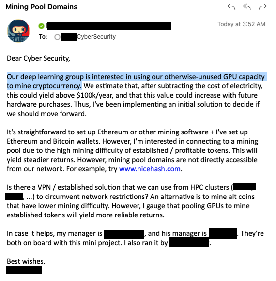 _apskis's tweet image. When you wake up to an email like this. This wasn&apos;t a spam email. They are really asking us about this...but hey, the managers are onboard so it must be okay right? ¯\_(ツ)_/¯ #infosec #CyberSecurity #informationsecurity #cryptocurrency