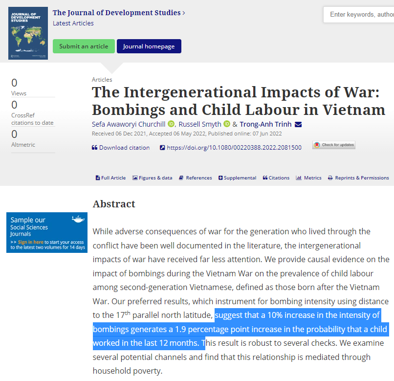 JDevStudies's tweet photo. New in #JDevStudies: @Sefa_Kwami Smith &amp; @TrongAnhTrinh instrument bombing intensity in the Vietnam war 🇻🇳 to show intergen impacts:

--> 10% ⬆️ bombing intensity = 2 pp ⬆️ in probability a child worked in last 12 months

#CostofWar @RMIT @UniMelb
 
https://t.co/9tKvyMKQLw https://t.co/znfxoSaEEW