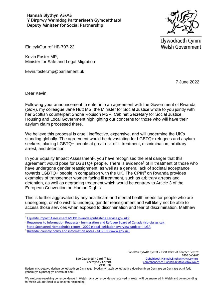 WG_Communities's tweet image. Deputy Minister for Social Partnership @hannahblythyn has written to @ukhomeoffice on their agreement with the Government of Rwanda to process asylum claims there. 

We urge them to reconsider this proposal.
